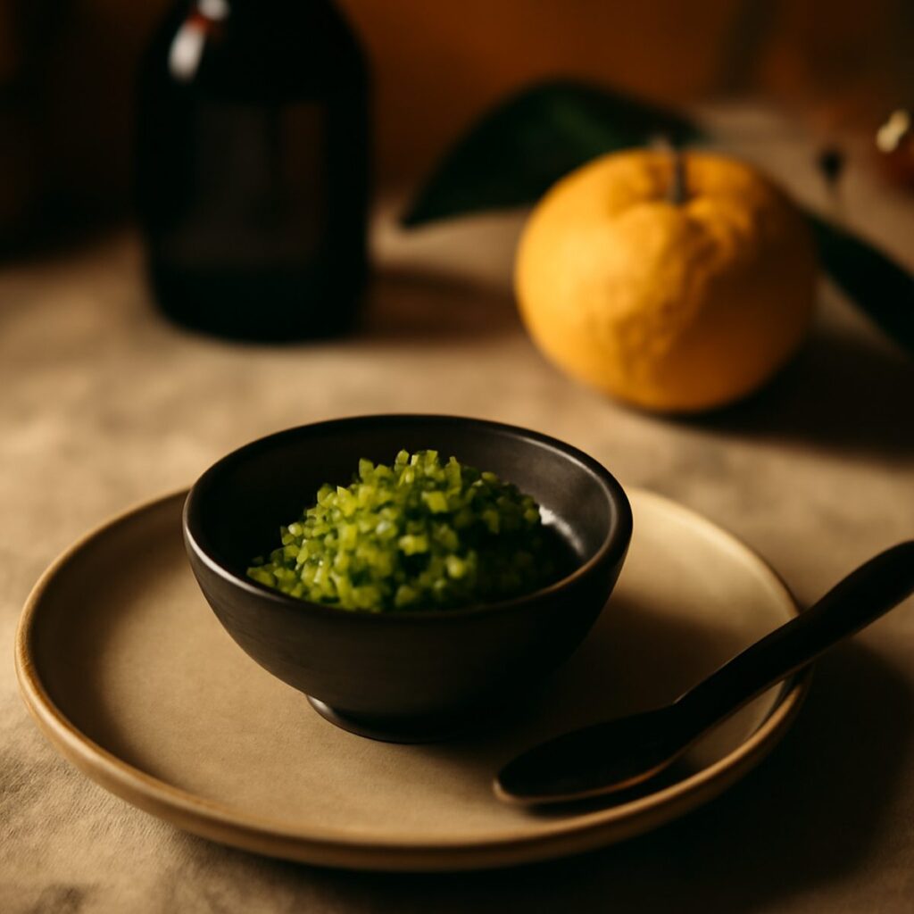 Small ceramic dish of vivid green yuzu kosho paste in warm still-life light